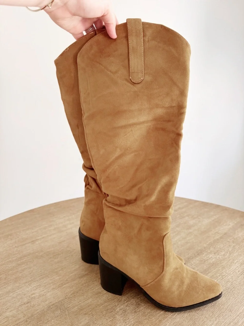 Tall Suede Slouch Knee-High Boots in Tan 6.5